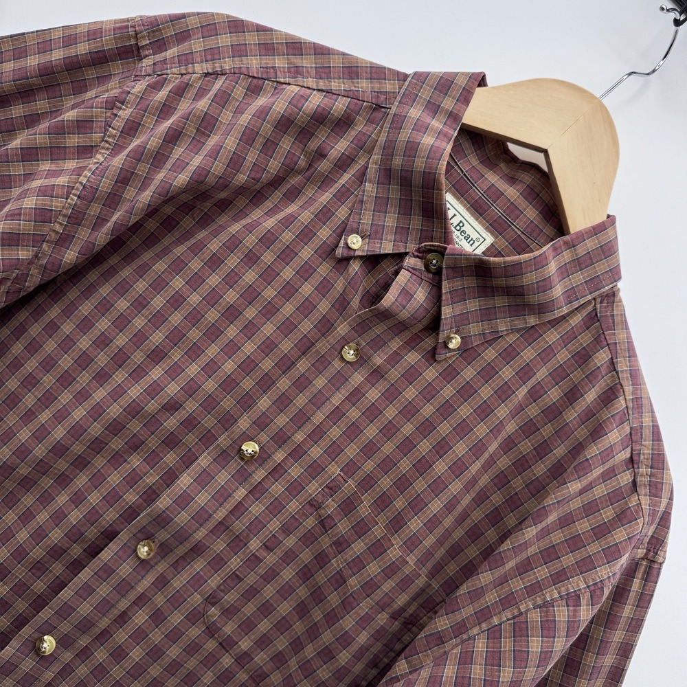 LL BEAN Button-Down Shirt Mens Large Maroon Plaid Long Sleeve 100% Cotton
